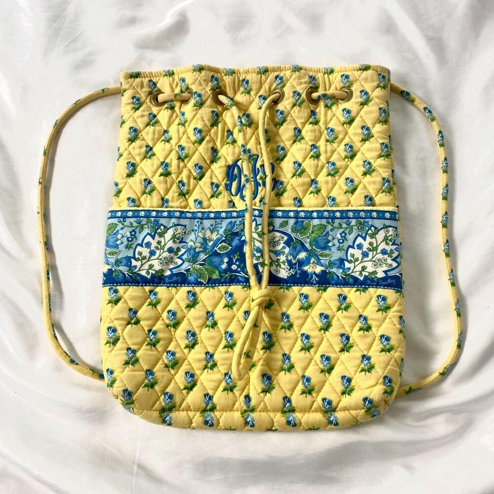 Vera Bradley RETIRED Yellow and Blue Quilted Drawstring Backpack floral print